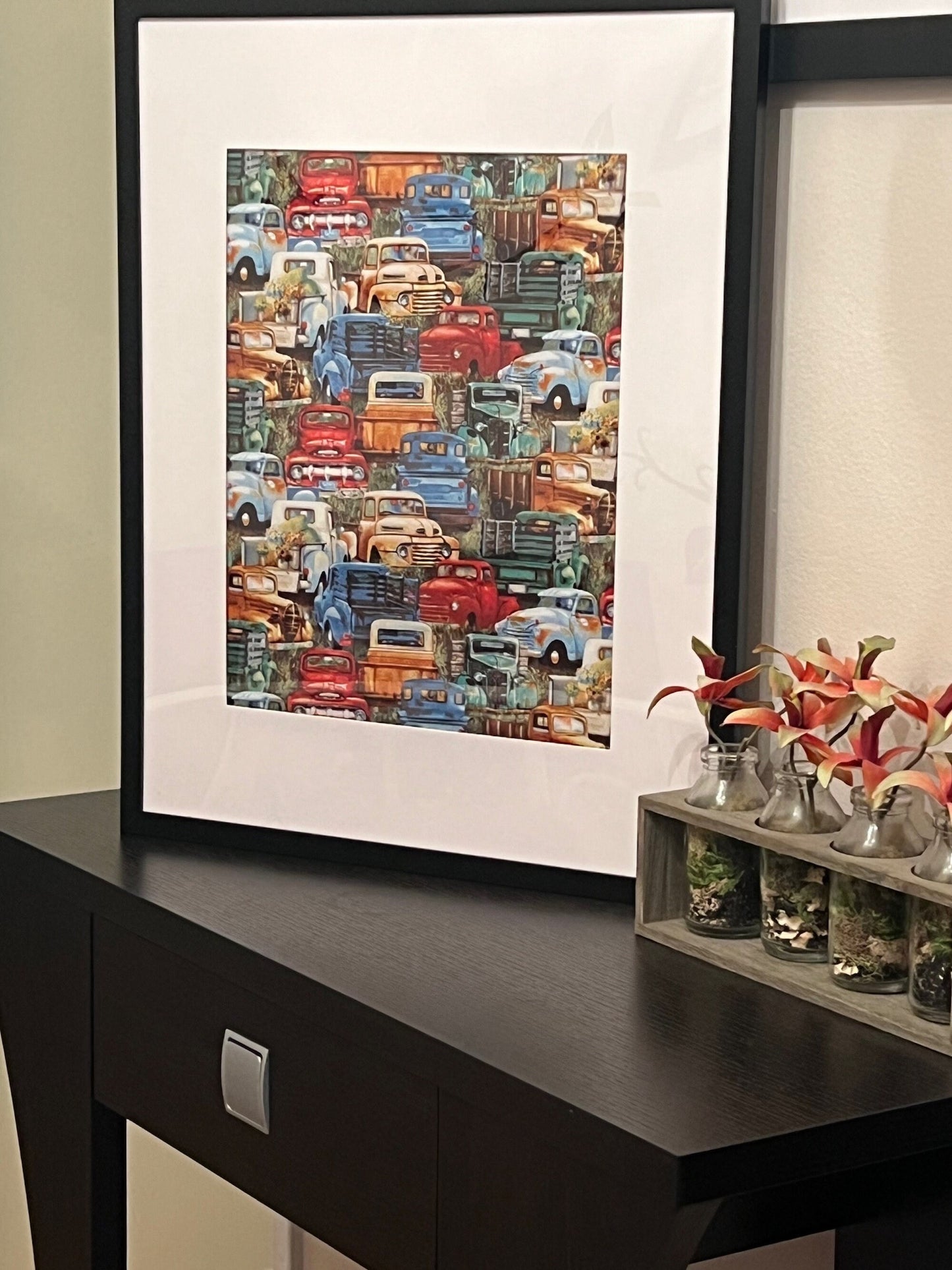16 x 20 Framed Vintage Retro Pickup Trucks Cotton Fabric Textile Wall Art