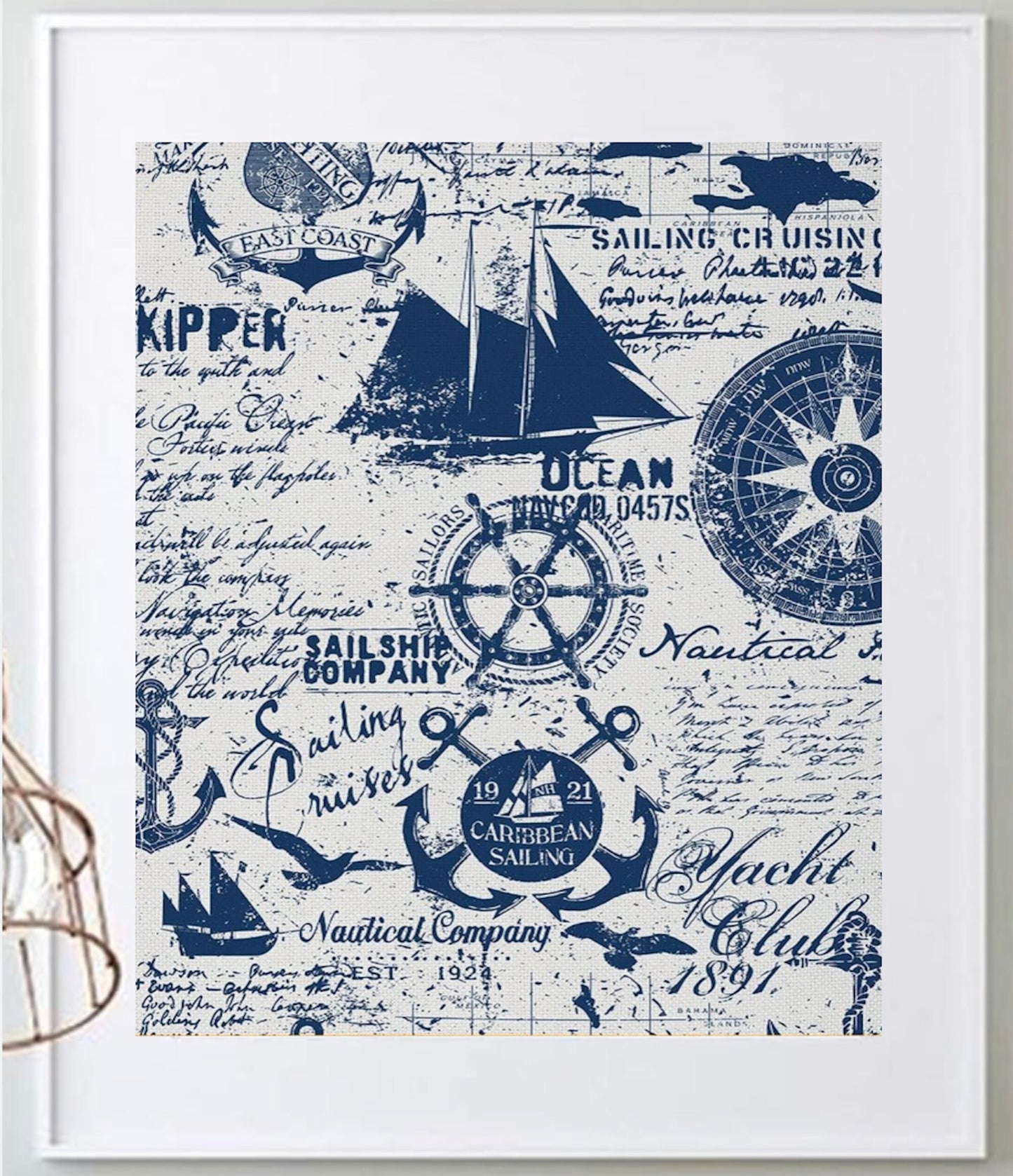 16 x 20 Framed Bold Coastal Nautical Themed Polyester Fabric Textile Wall Art