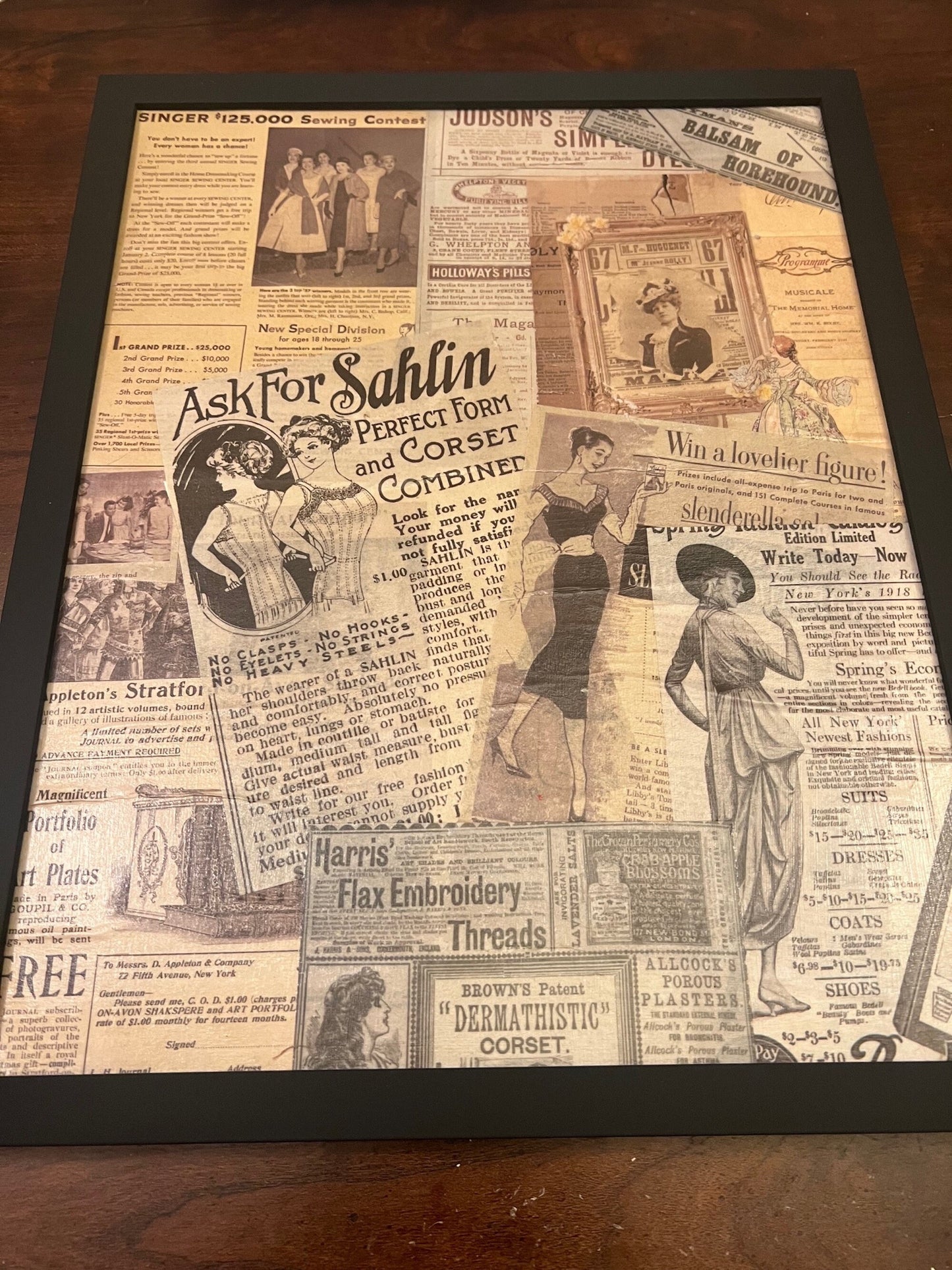12 x 15 Vintage Newspaper Fashion Decoupage Framed Canvas Wall Art