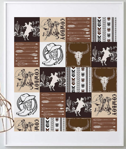 16 x 20 Framed Bold Farmhouse Western Cowboy Horses Wild West Theme Fabric Textile Wall Art