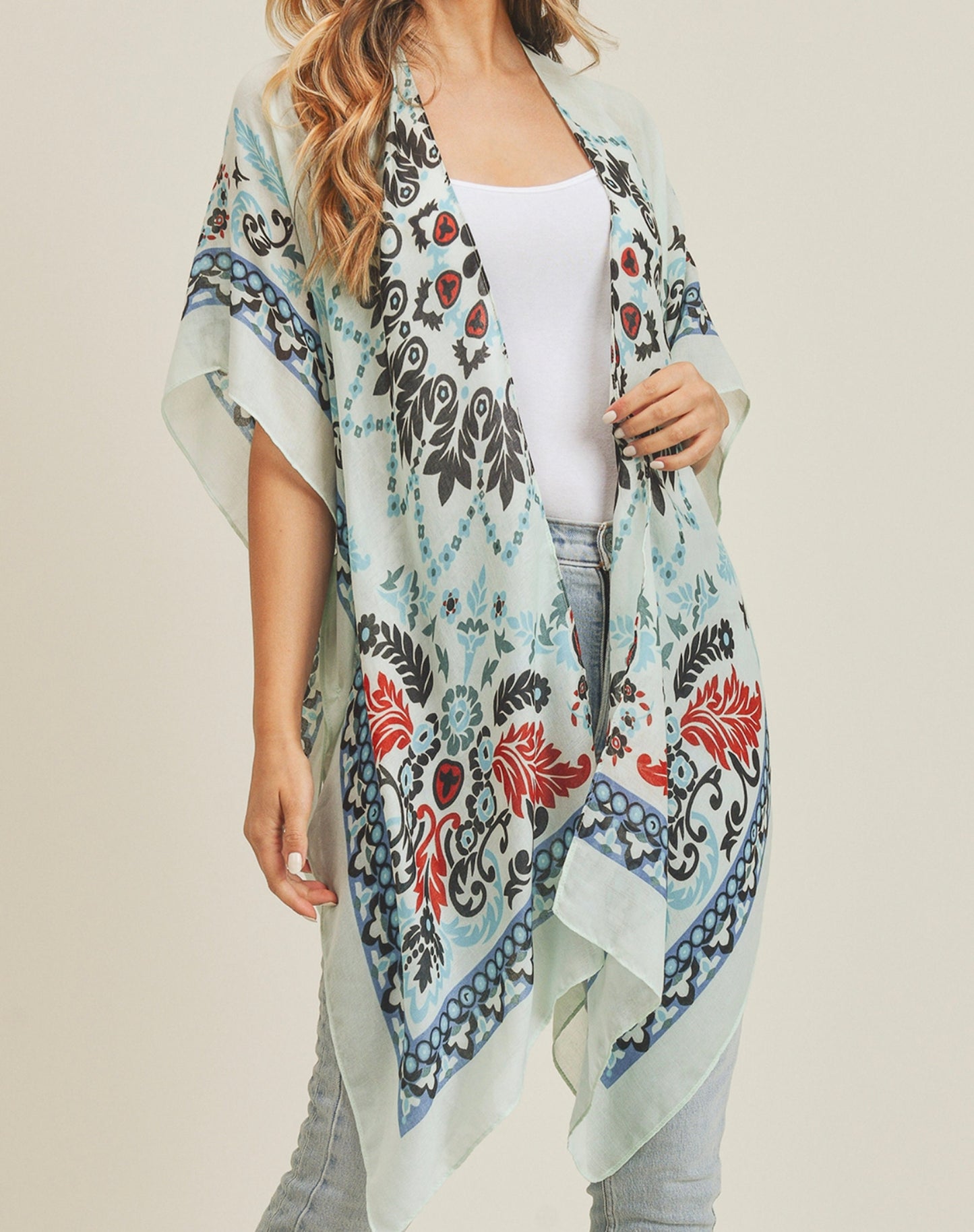 Women's Half Kimono Sleeve Open Front Boho Print Cardigan Beach Cover-Up Fashion