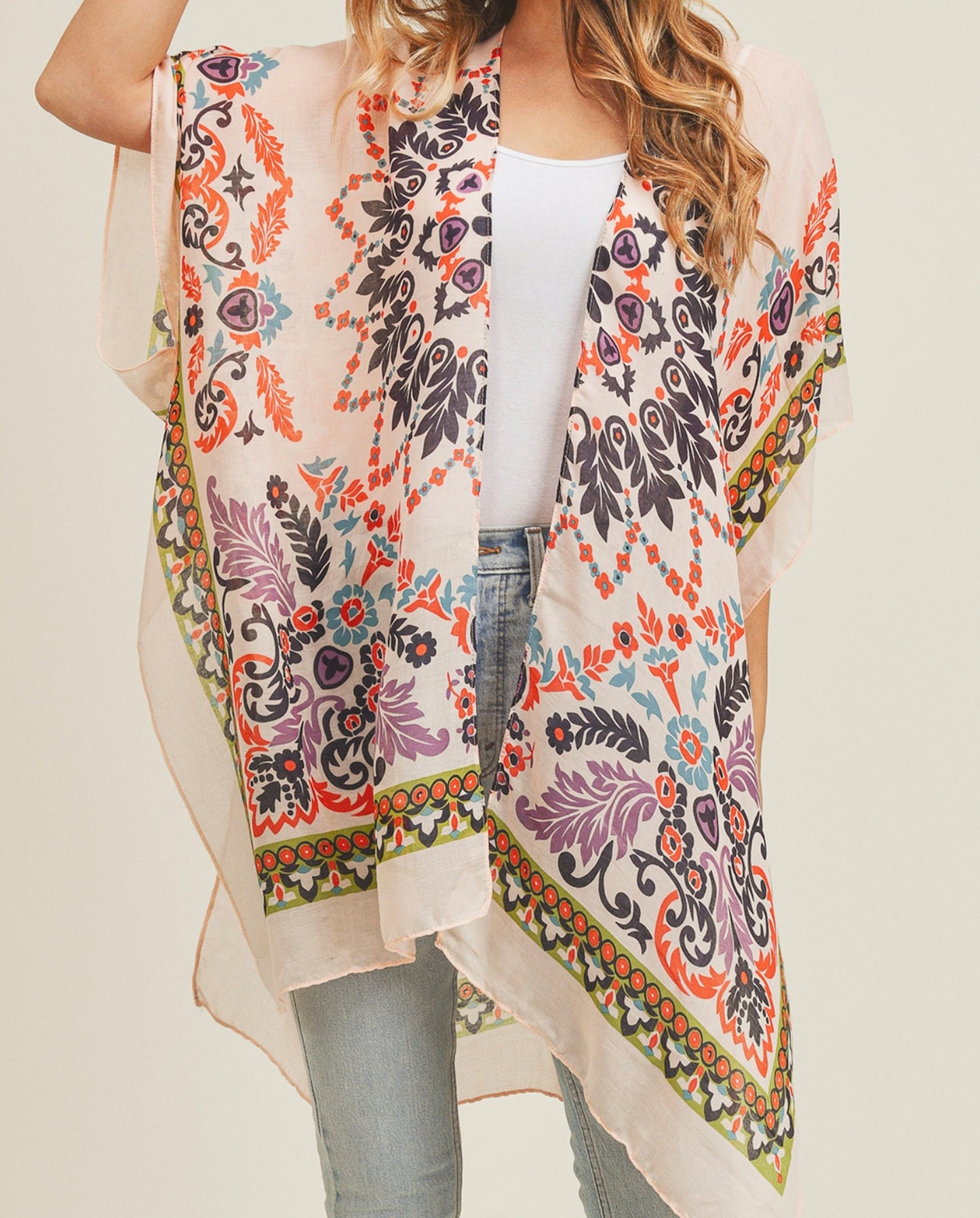 Women's Half Kimono Sleeve Open Front Boho Print Cardigan Beach Cover-Up Fashion