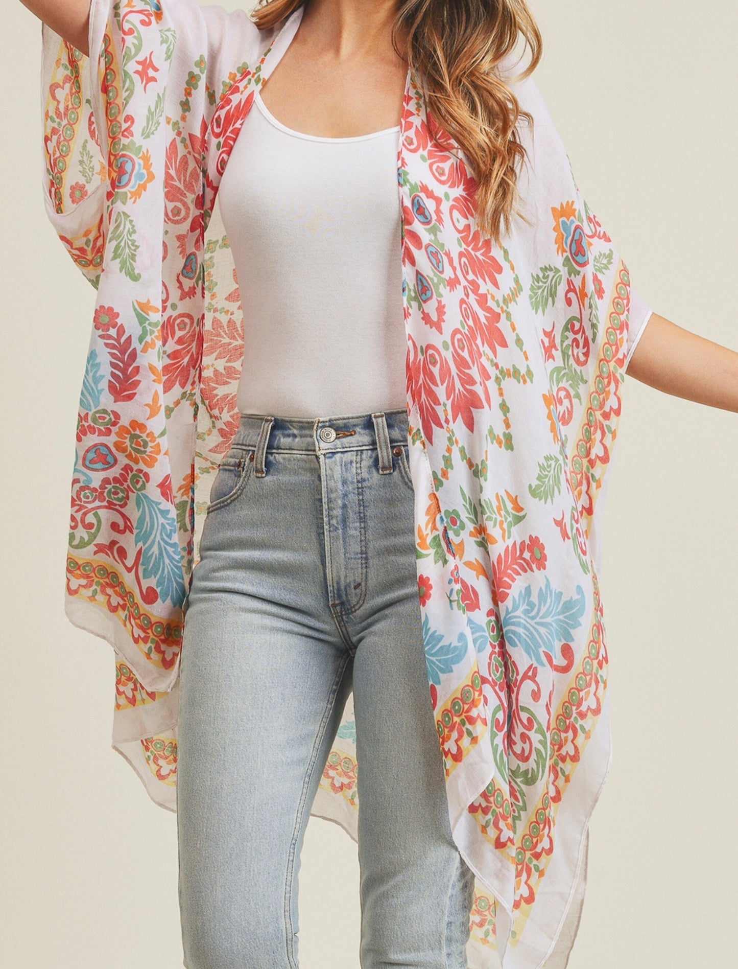 Women's Half Kimono Sleeve Open Front Boho Print Cardigan Beach Cover-Up Fashion