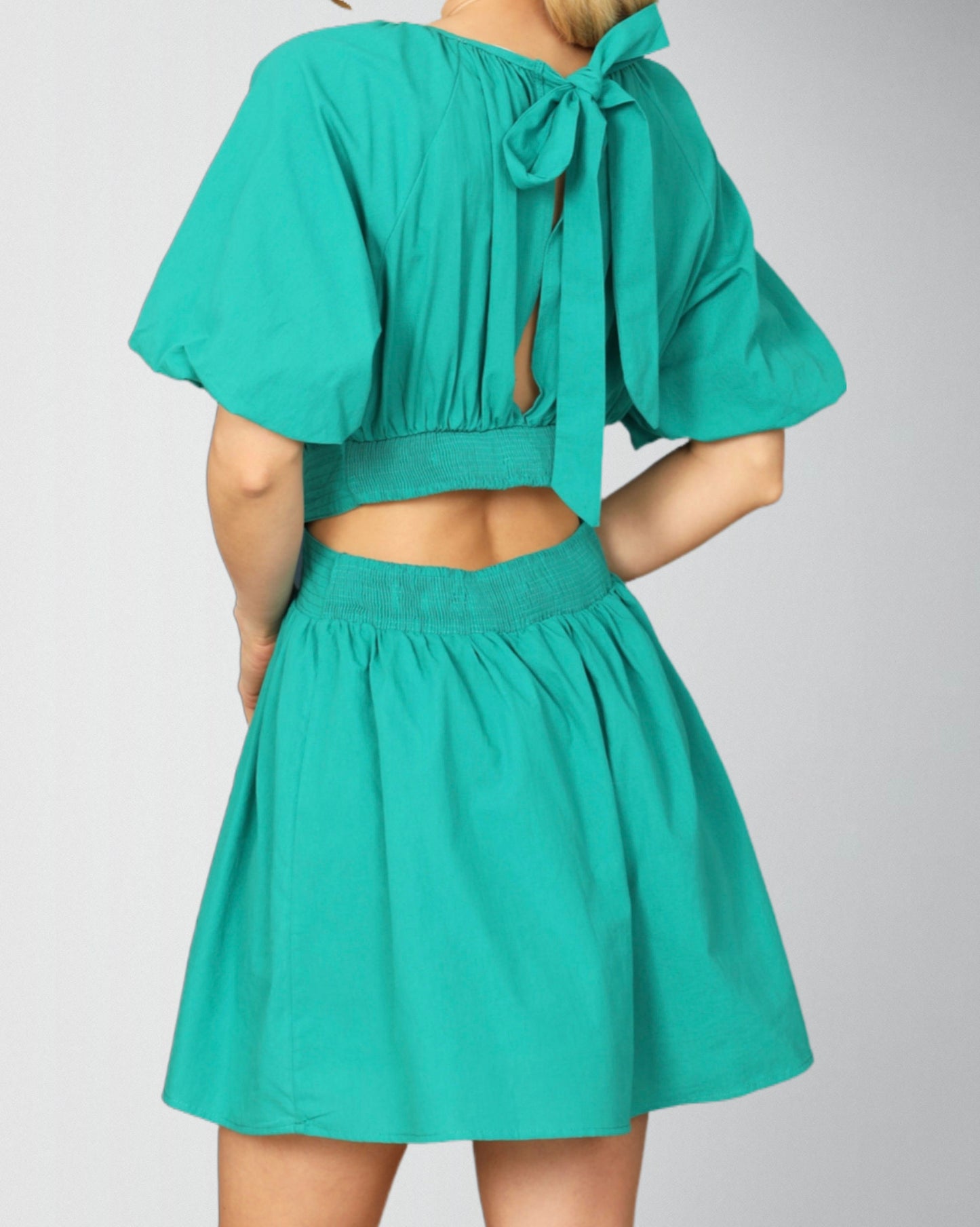 Women's Puff Half Sleeve Soft Pleat Gather Bust Cut Out Bow Back Short Dress Fashion
