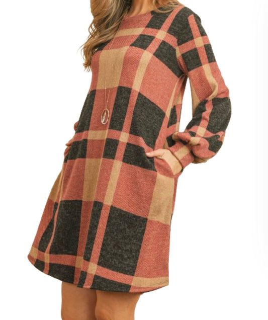 Long Blouson Sleeve Plaid Mini Pocket Shift Dress