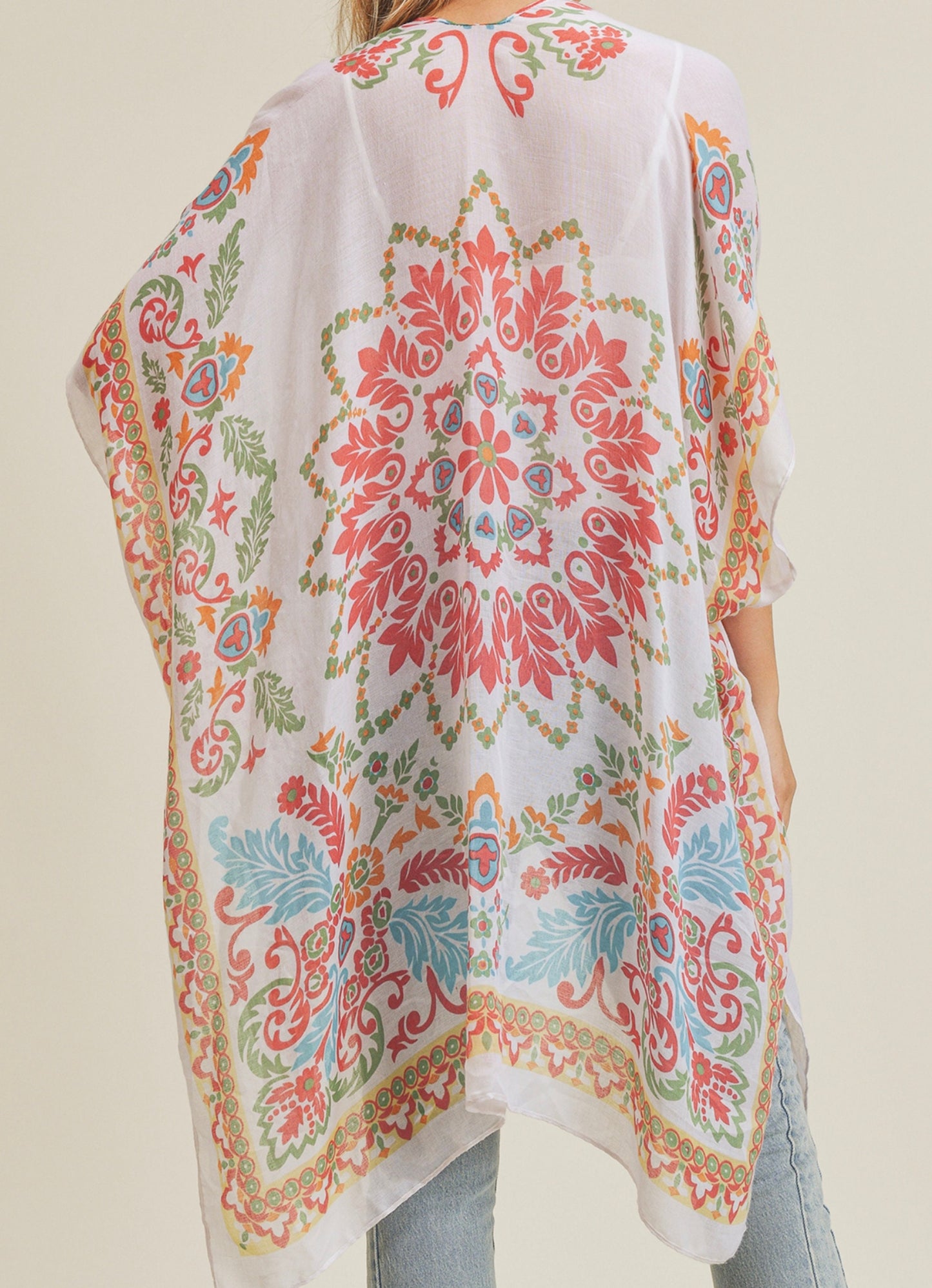Women's Half Kimono Sleeve Open Front Boho Print Cardigan Beach Cover-Up Fashion