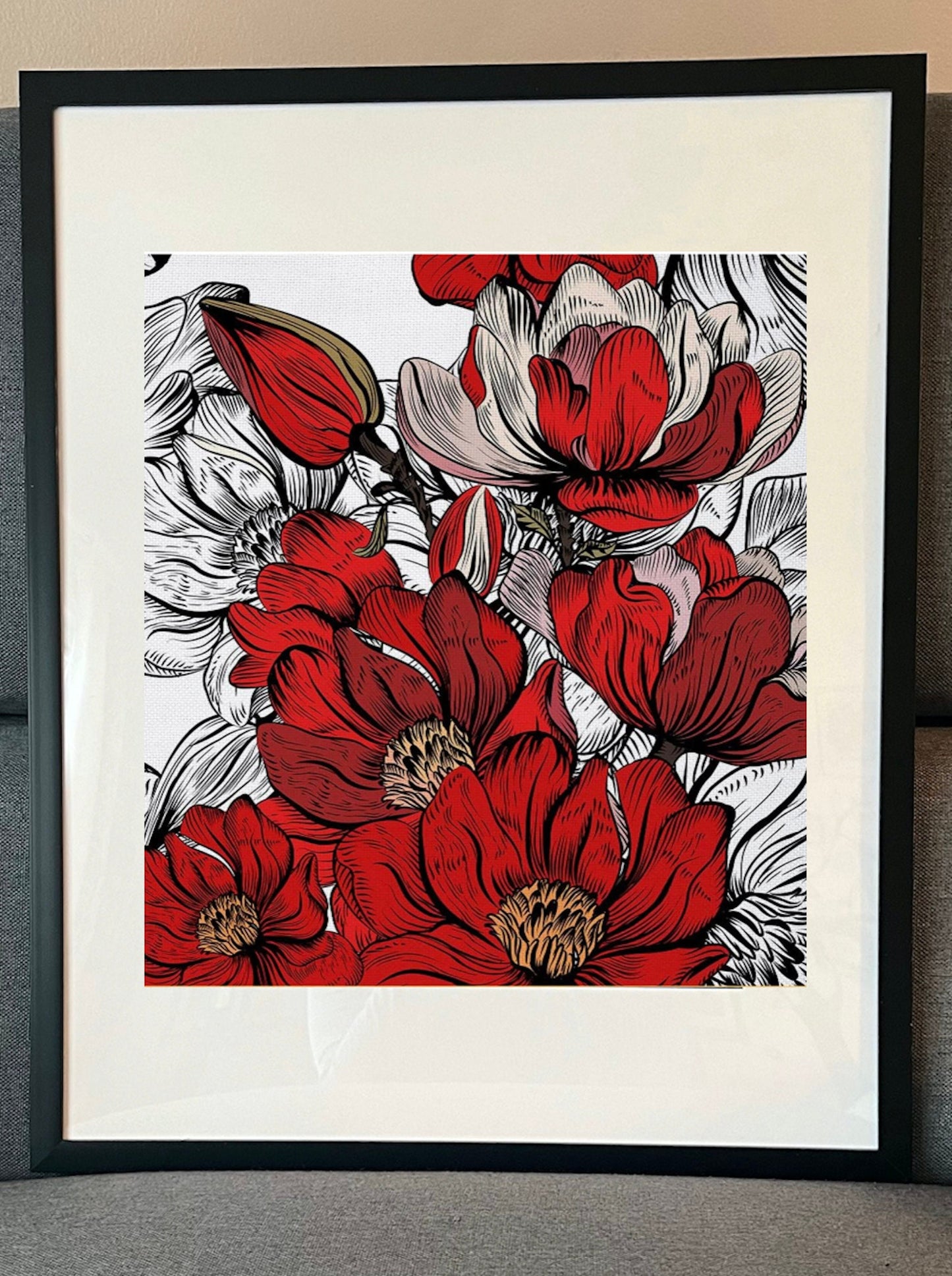 16 x 20 Framed Bold Vintage Floral Polyester Fabric Textile Wall Art