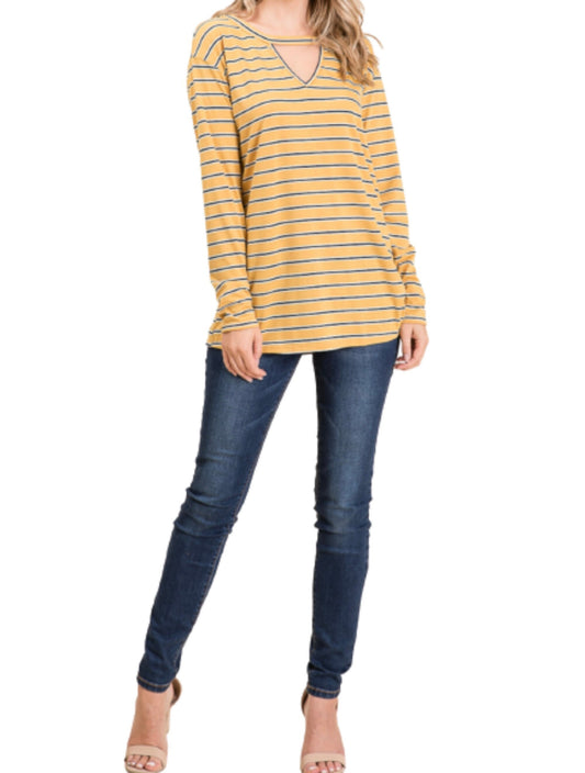 Long Sleeve Keyhole Stripe Knot Hip Top Blouse