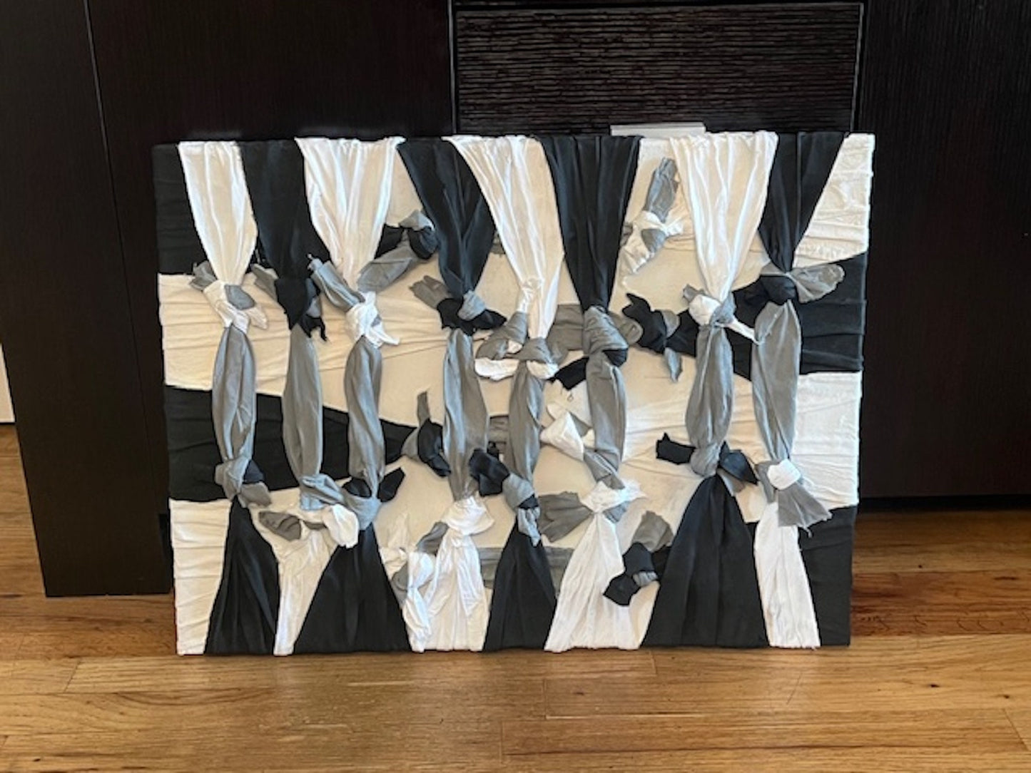 18x24 "Balance" Fabric Black Gray White Knot Plaster Acrylic Paint Canvas Signed Art Piece 2024
