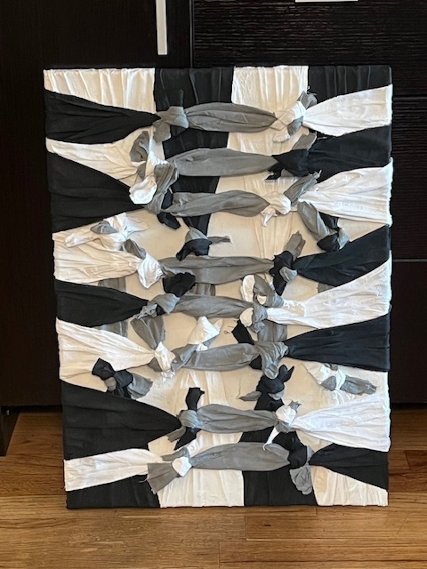 18x24 "Balance" Fabric Black Gray White Knot Plaster Acrylic Paint Canvas Signed Art Piece 2024