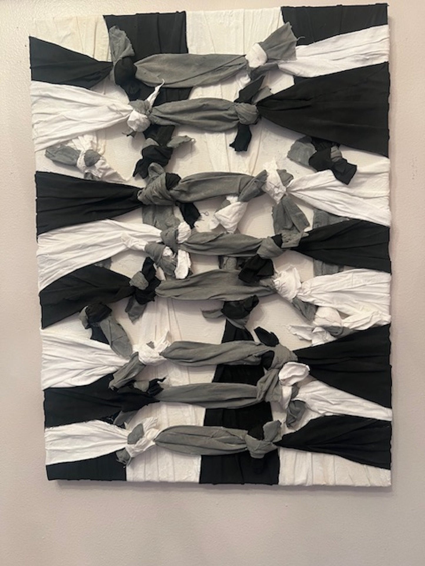 18x24 "Balance" Fabric Black Gray White Knot Plaster Acrylic Paint Canvas Signed Art Piece 2024