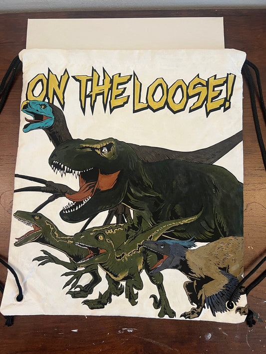 13 x 15 Hand Painted "On the Loose" Dinosaur Boys Kid's Drawstring Backpack