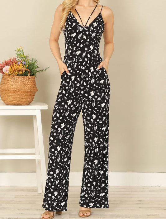 Women's Plus Size Double Spaghetti Strap Floral Print Pleated Wide Leg Pocket Jumpsuit Fashion