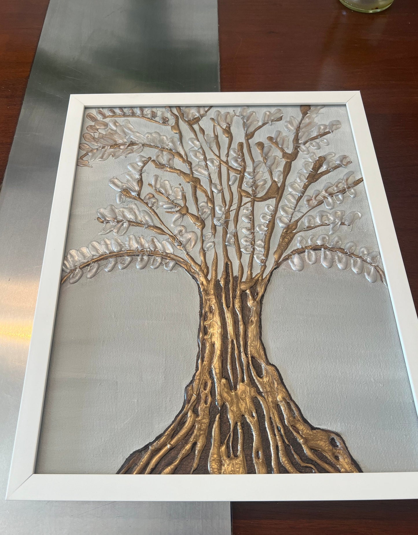 Deeply Rooted 12x15 Textured Silver Gold Glue Acrylic Painting Bold Nature Theme Canvas Framed Wall Art