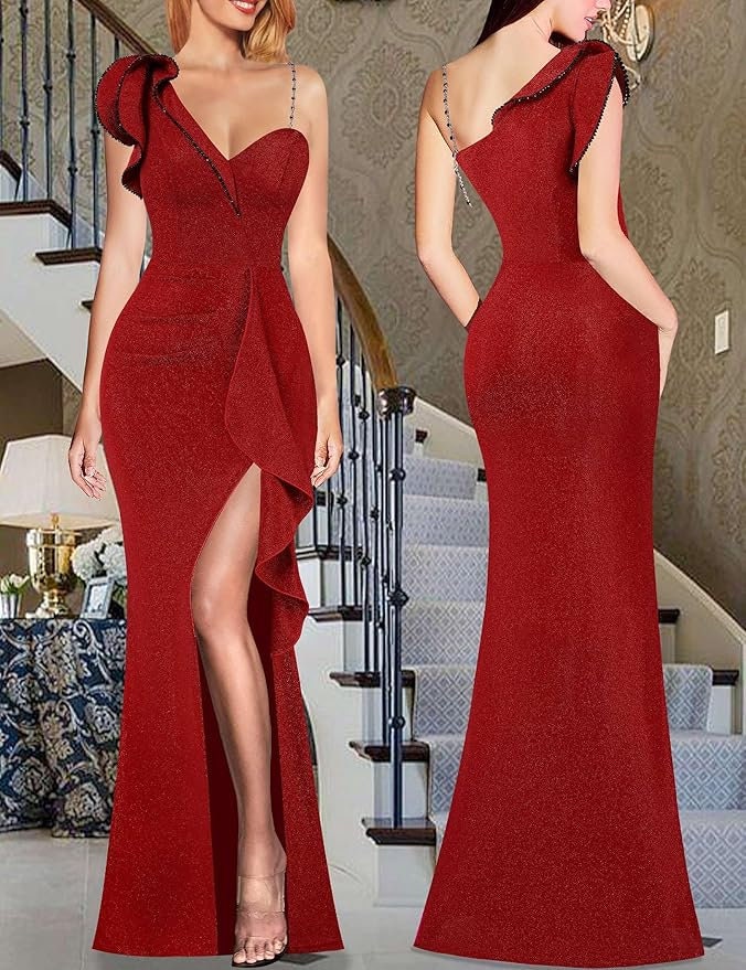 Women's Size Large Beaded One Ruffle Shoulder Ruch Waterfall Adjustable Side Slit Formal Cocktail Glitzy Shimmer Mermaid Dress Fashion