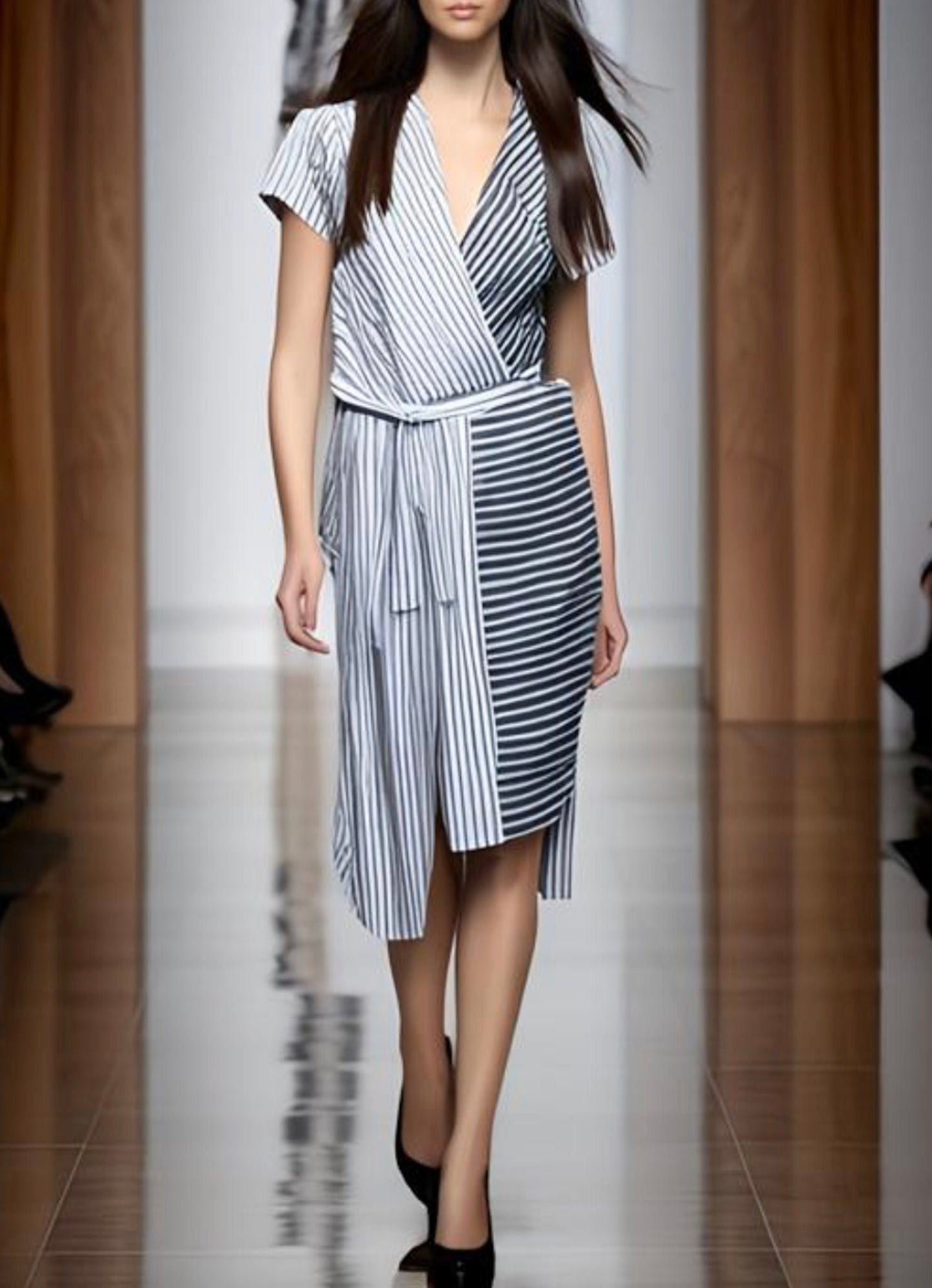 Short Sleeve Stripe Asymmetrical Belted Dress