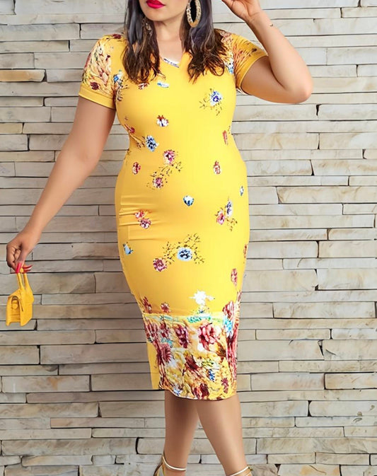 Plus Size Short Sleeve Floral Sheath Dress