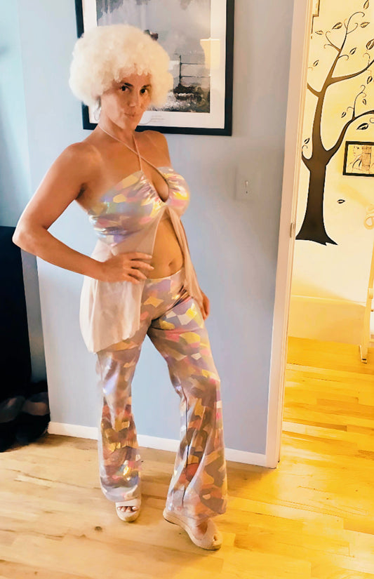4pc Sexy Disco 70's Costume Funky Geo Halter Top & Bell Bottom Set Halloween