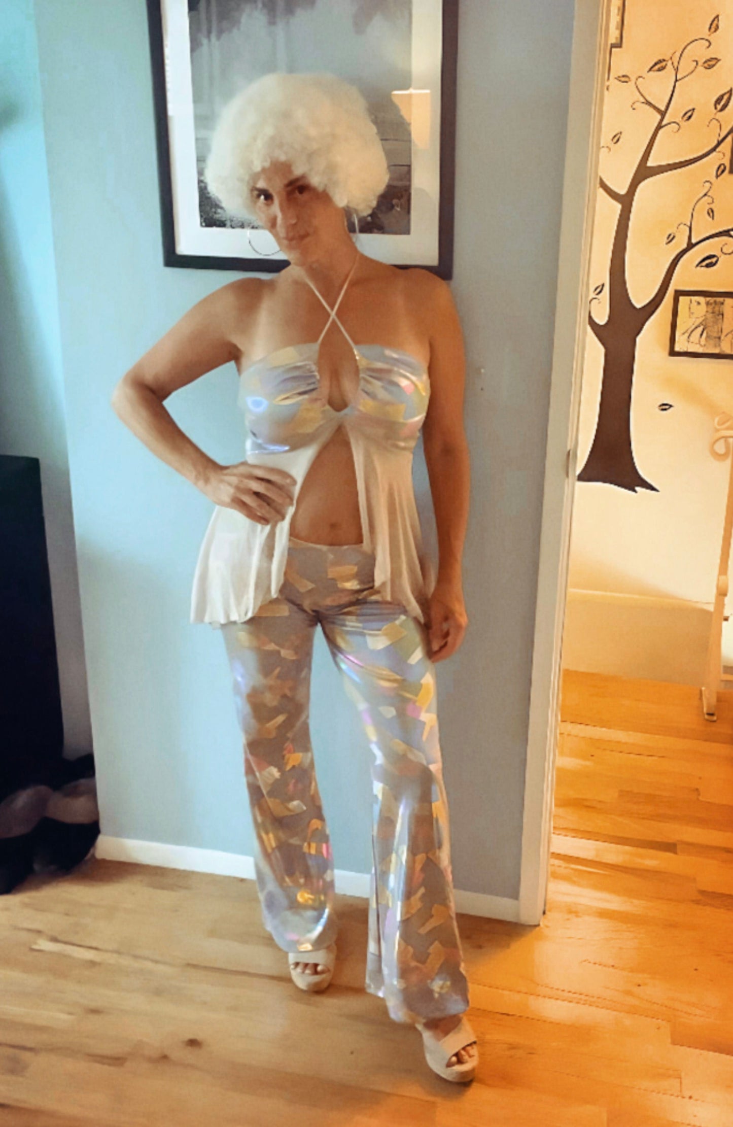 4pc Sexy Disco 70's Costume Funky Geo Halter Top & Bell Bottom Set Halloween