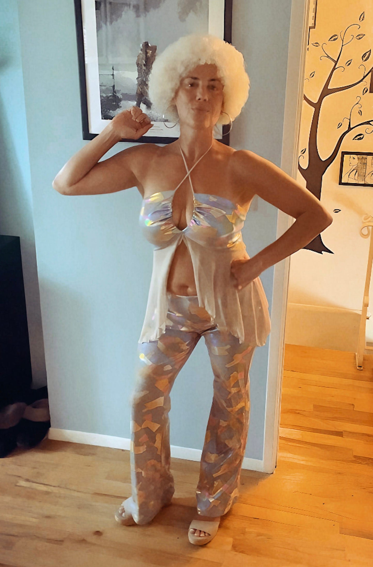 4pc Sexy Disco 70's Costume Funky Geo Halter Top & Bell Bottom Set Halloween