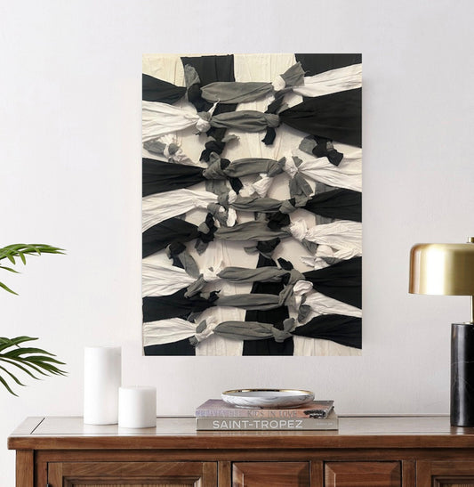 18x24 "Balance" Fabric Black Gray White Knot Plaster Acrylic Paint Canvas Signed Art Piece 2024