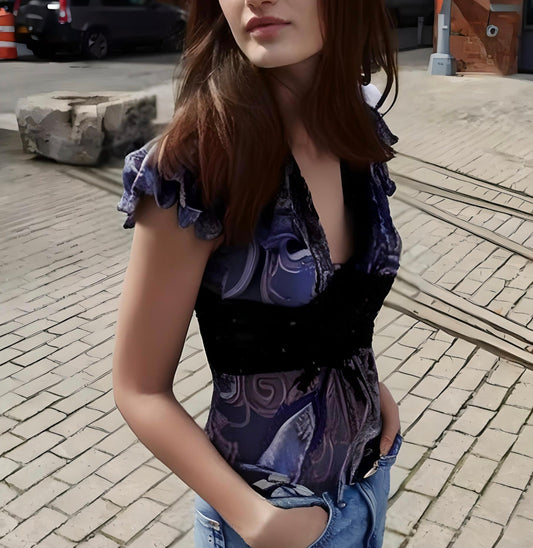Paisley Flutter Sleeve Top Blouse Shirt