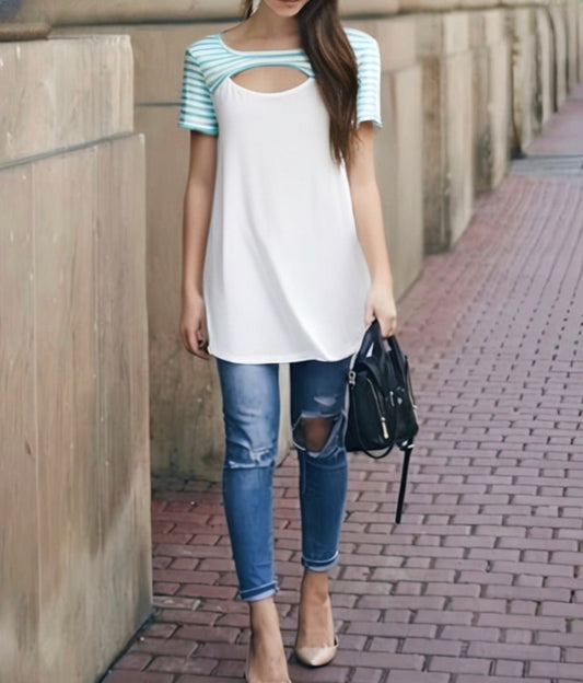 Plus Size Short Sleeve Cut Out Stripe Solid Contrast Top Blouse