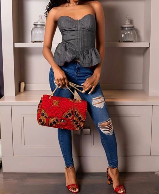 Women's Zip Up Strapless Denim Ruffle Corset Bustier Top Blouse Fashion