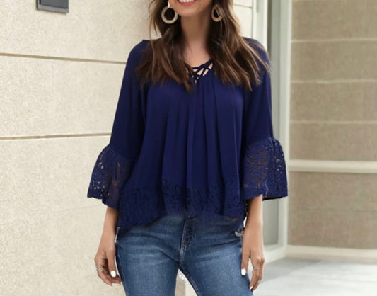 3/4 Bell Sleeve Lace Up Lace Trim Top Blouse