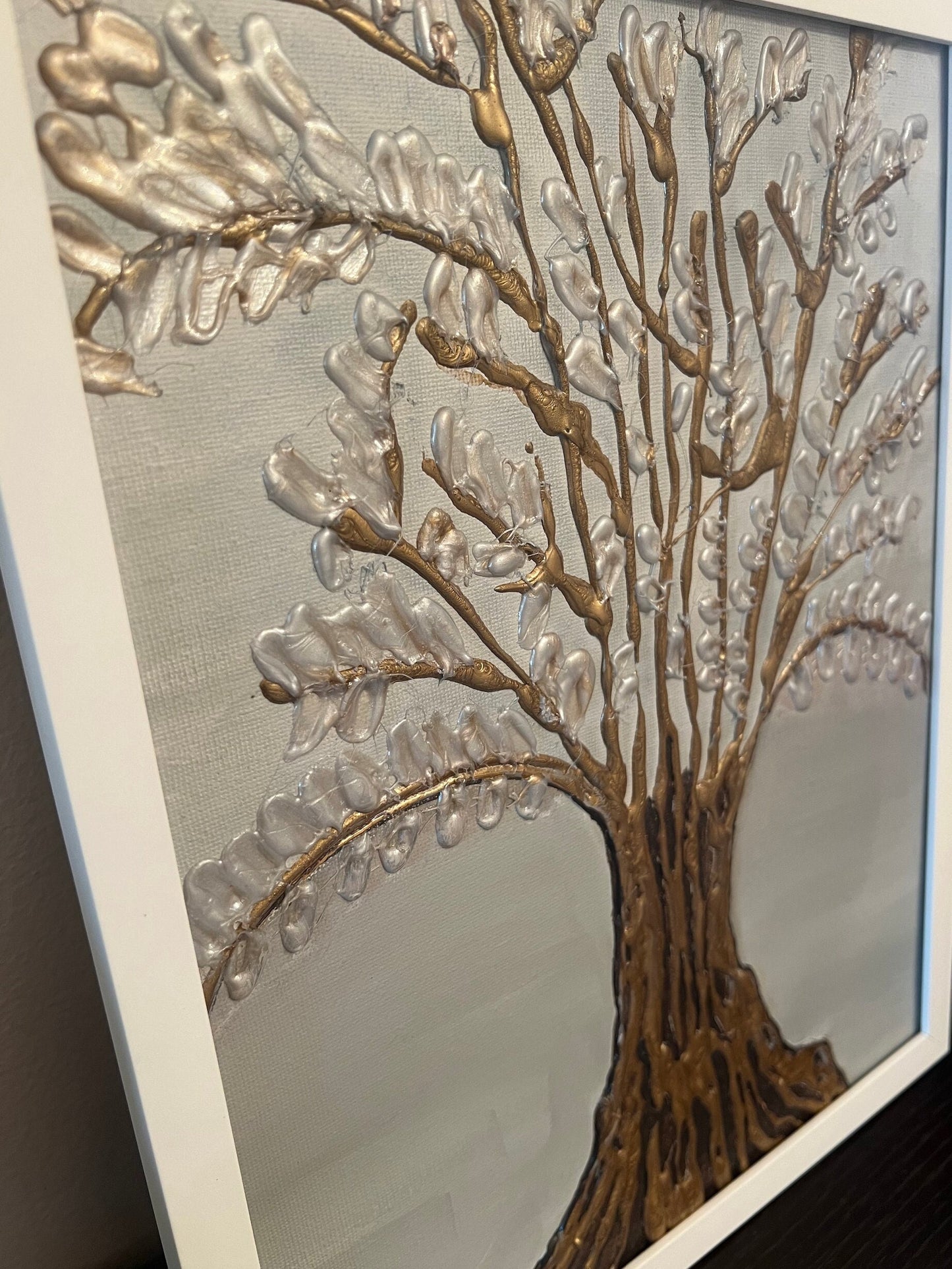 Deeply Rooted 12x15 Textured Silver Gold Glue Acrylic Painting Bold Nature Theme Canvas Framed Wall Art