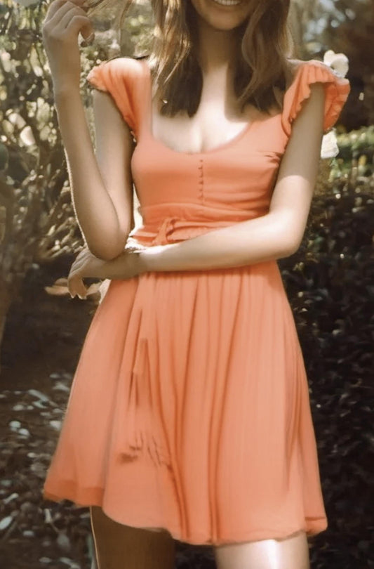 Tie Waist Flutter Sleeve Shirred Dress