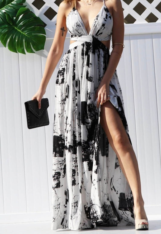 Women's Spaghetti Strap X Back Abstract Print Plunge Cut Out Tie Back Double Slit Maxi Dress Fashion