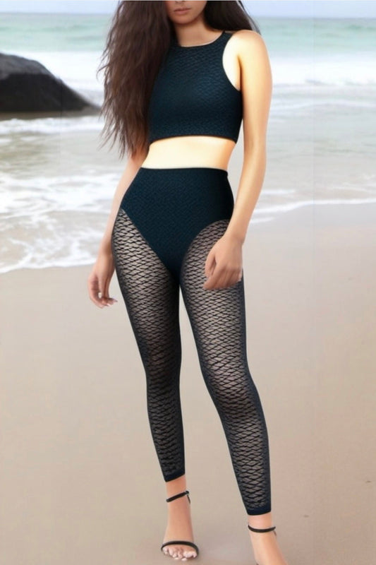 2pc Sheer Sleeveless Crop Top & Brief Leopard Legging Lingerie