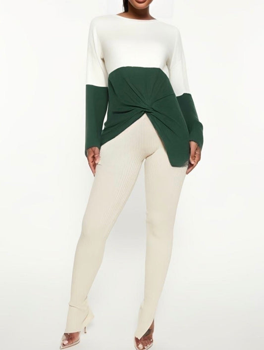 Long Sleeve Color Block Twist Front Knit Sweater Top