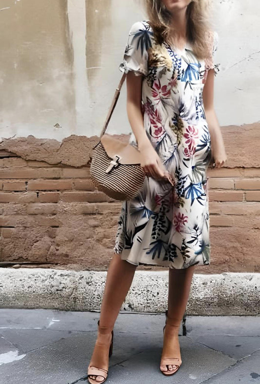 Women's Short Sleeve Empire Waist Tropical Print Career Midi Dress Fashion
