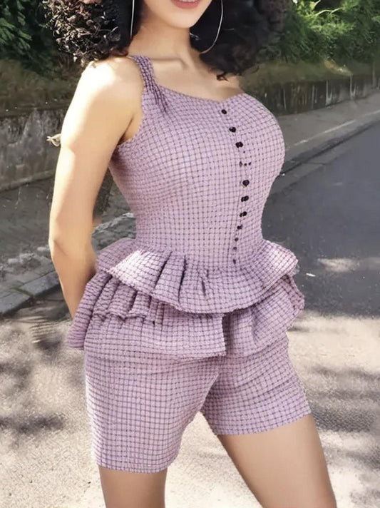 PINK TREND Plus Size Plaid Ruffle Waist Peplum Romper