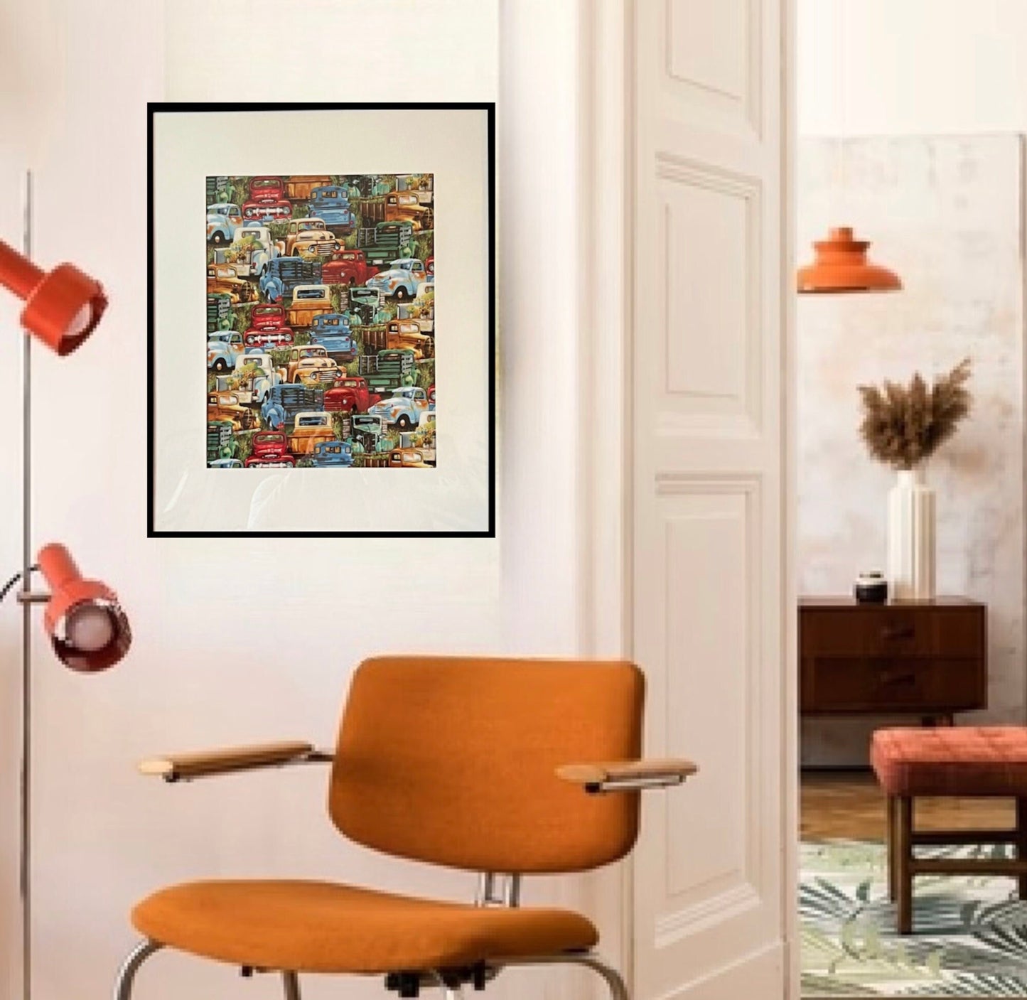 16 x 20 Framed Vintage Retro Pickup Trucks Cotton Fabric Textile Wall Art
