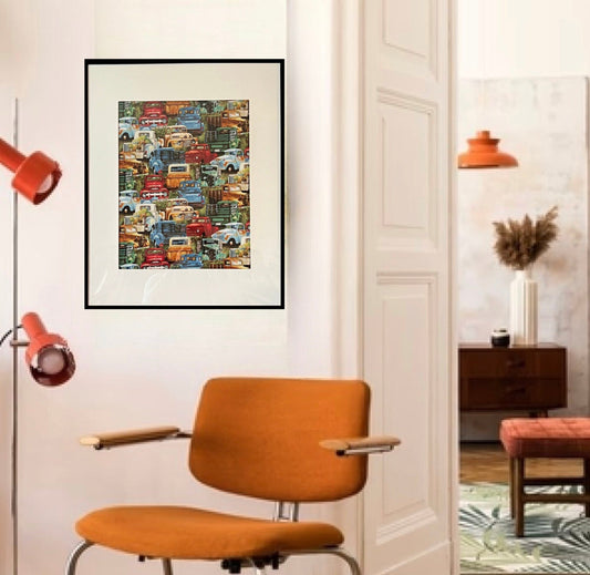16 x 20 Framed Vintage Retro Pickup Trucks Cotton Fabric Textile Wall Art