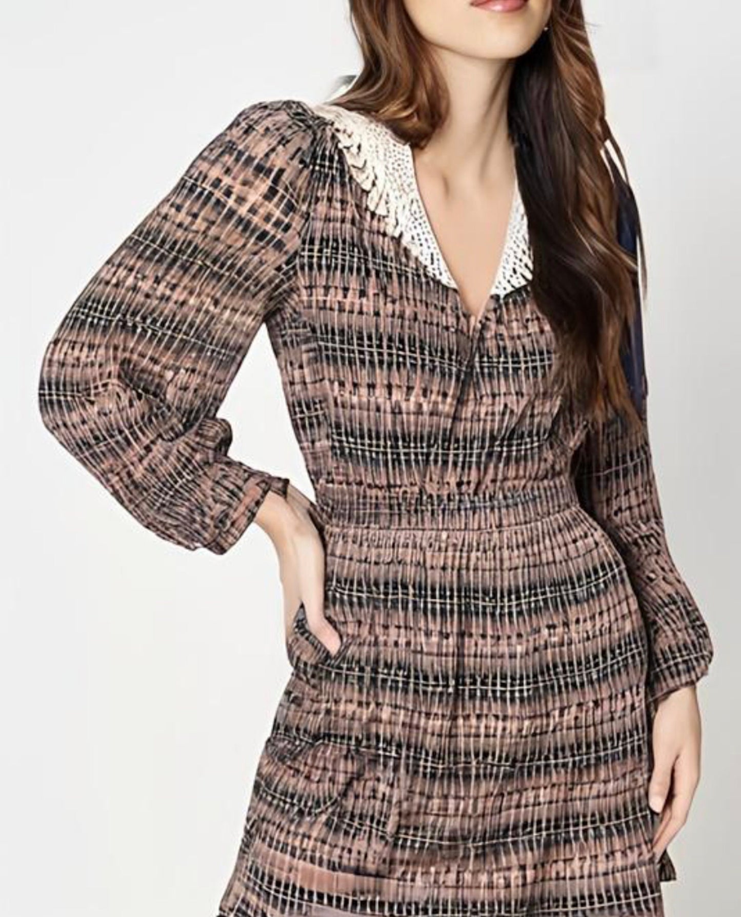 Geometric Print Crochet Collar Blouson Dress