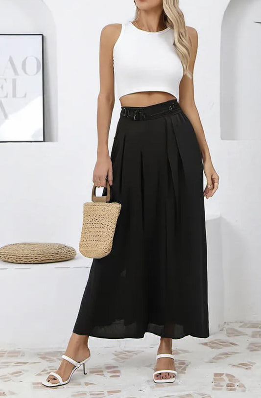 Beaded Waist Pleated Wide Leg Trouser Palazzo Pant