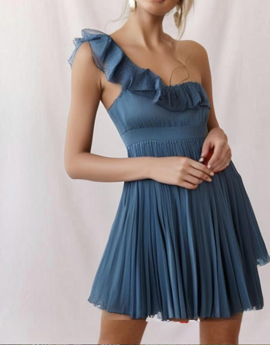 One Shoulder Rosette Accordian Pleat Cocktail Wedding Dress