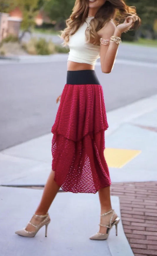 Women's Lace Tiered Asymmetrical Long Lace Skirt Fashion