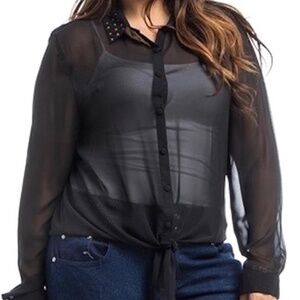 Women's Plus Size Long Sleeve Crystal Accent Semi Sheer Button Down Collar Blouse Top Fashion