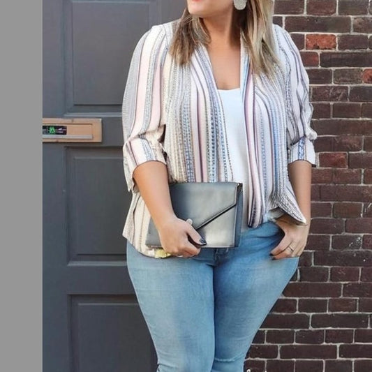 Plus Size 3/4 Sleeve Open Front Dash Stripe Blazer Jacket