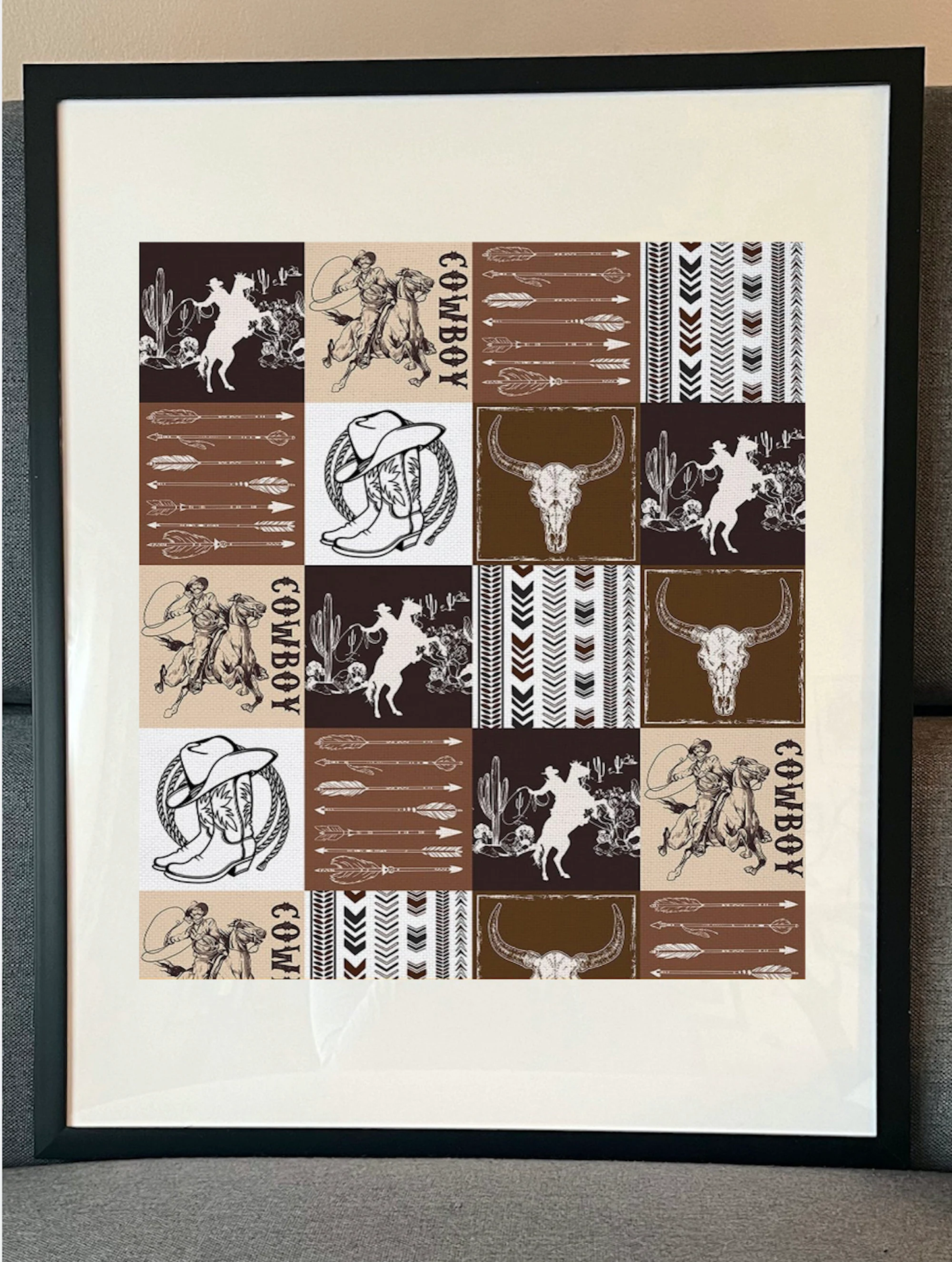 16 x 20 Framed Bold Farmhouse Western Cowboy Horses Wild West Theme Fabric Textile Wall Art
