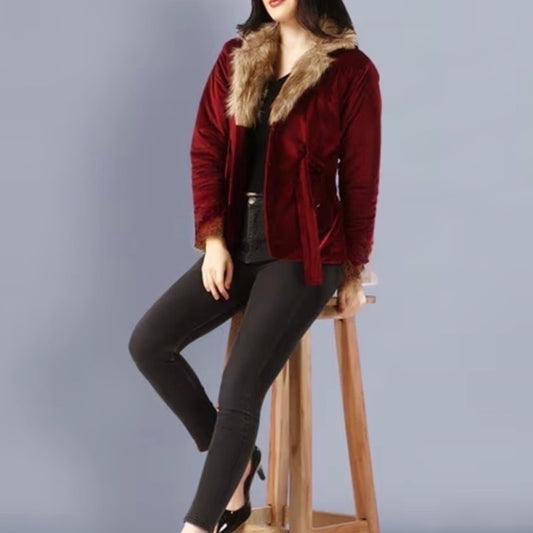 Plus Size Wool Blend Faux Fur Collar Belted Coat Jacket