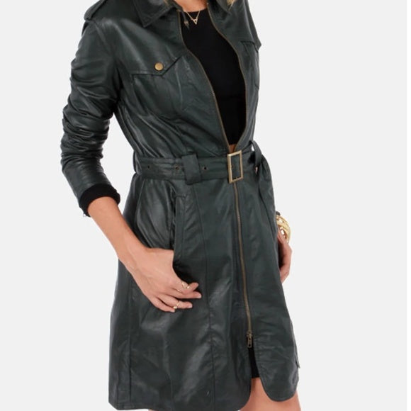 Women's Size Small Last One Faux Leather Belted Trench Coat Fashion