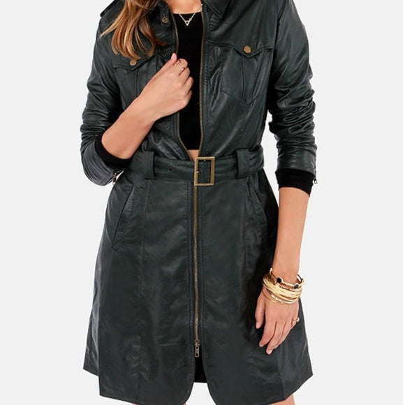 Women's Size Small Last One Faux Leather Belted Trench Coat Fashion