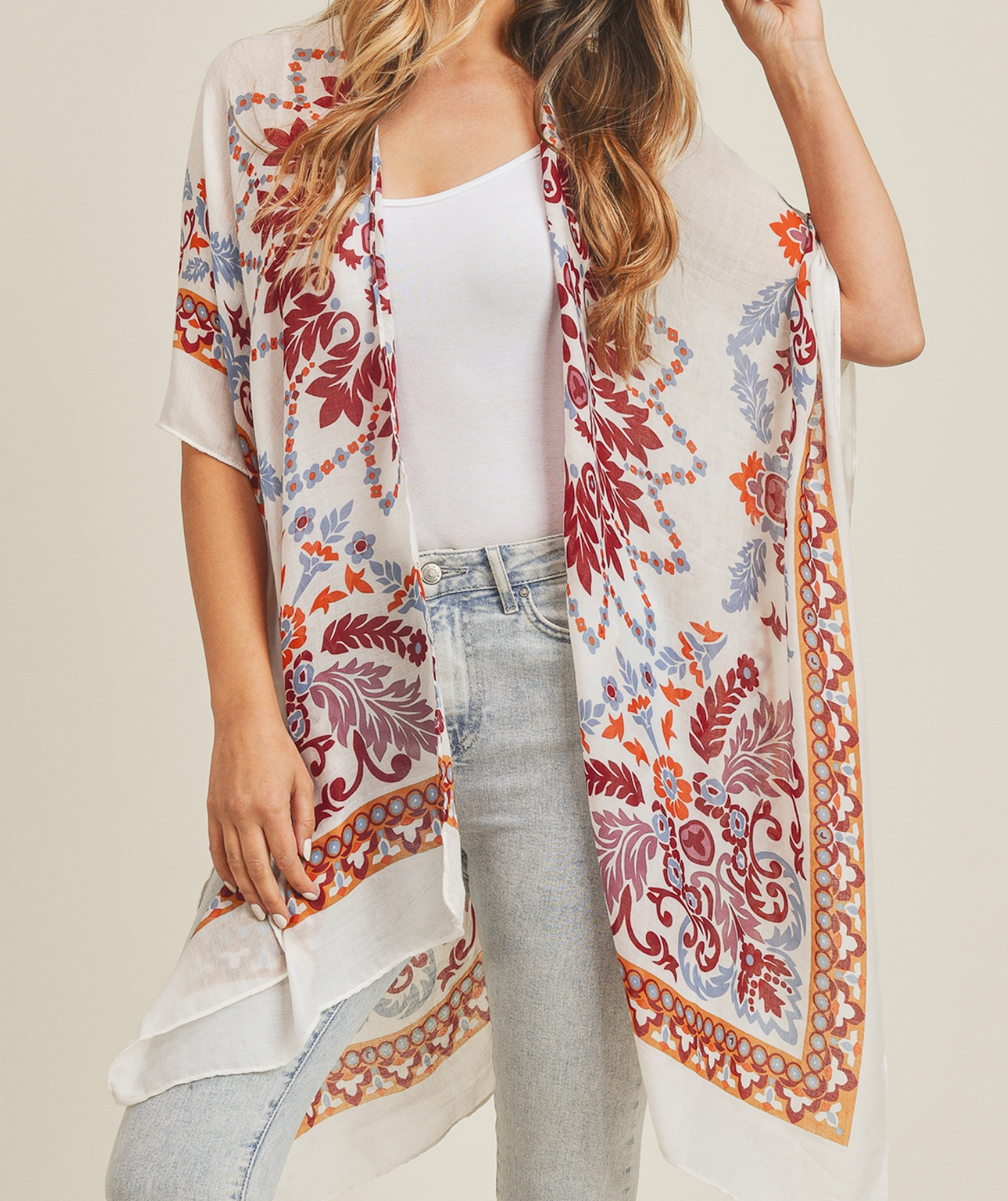 Women's Half Kimono Sleeve Open Front Boho Print Cardigan Beach Cover-Up Fashion