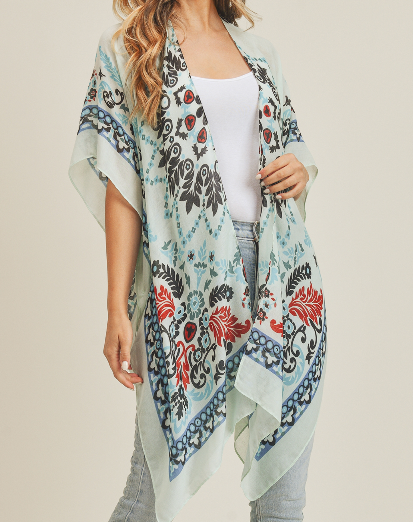 Women's Half Kimono Sleeve Open Front Boho Print Cardigan Beach Cover-Up Fashion